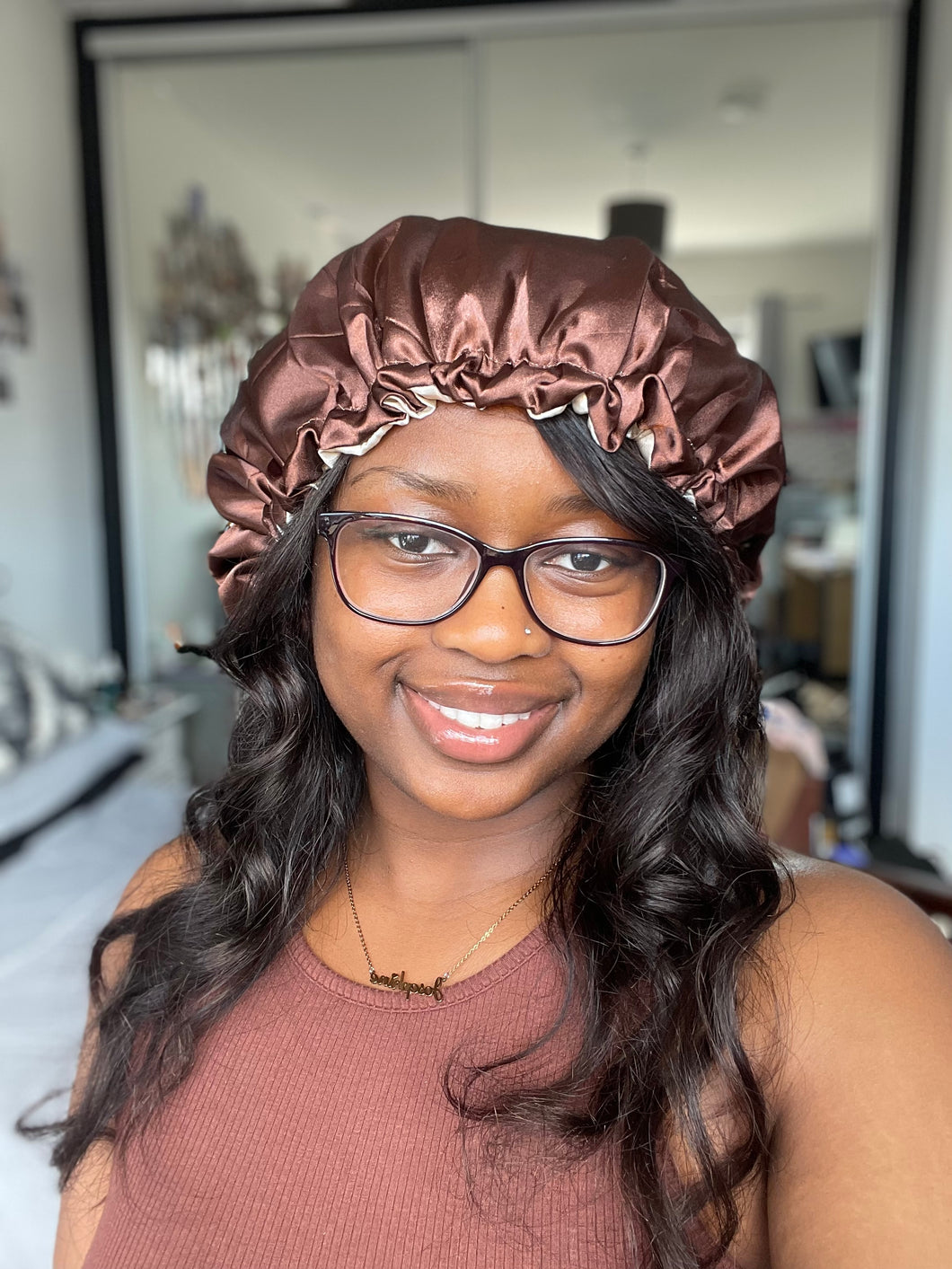 Chocolate Brown/Beige Reversible Silky Bonnet