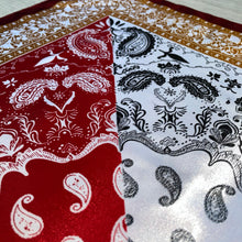 Load image into Gallery viewer, Red/ White/ Gold Satin Headscarf
