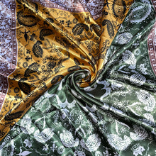 Load image into Gallery viewer, Brown/ Yellow/ Green Satin Headscarf
