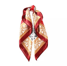 Load image into Gallery viewer, Red/ White/ Gold Satin Headscarf
