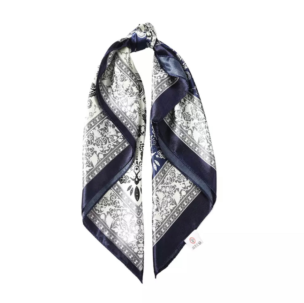 Navy/ White/ Dark Grey Satin Headscarf