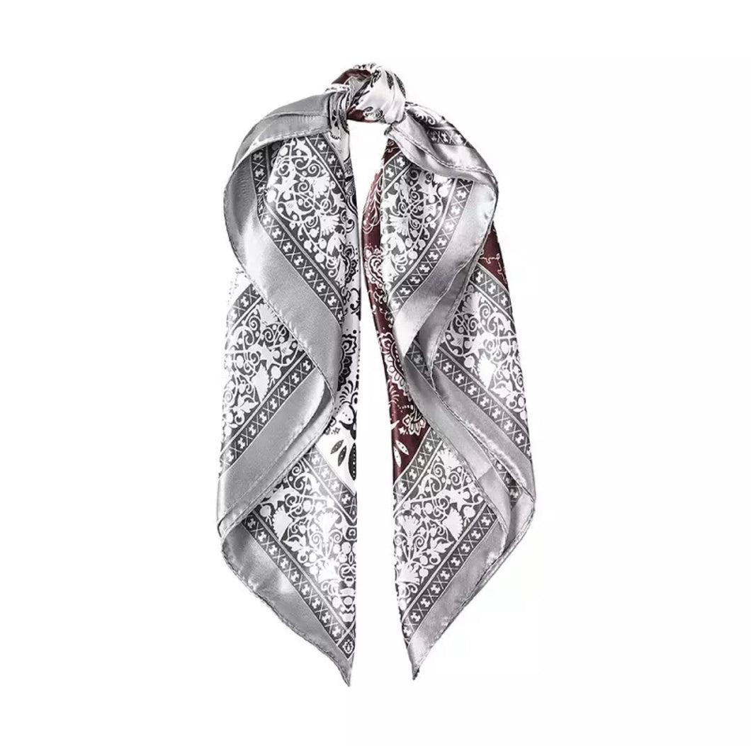 Maroon/ White/ Dark Grey Satin Headscarf