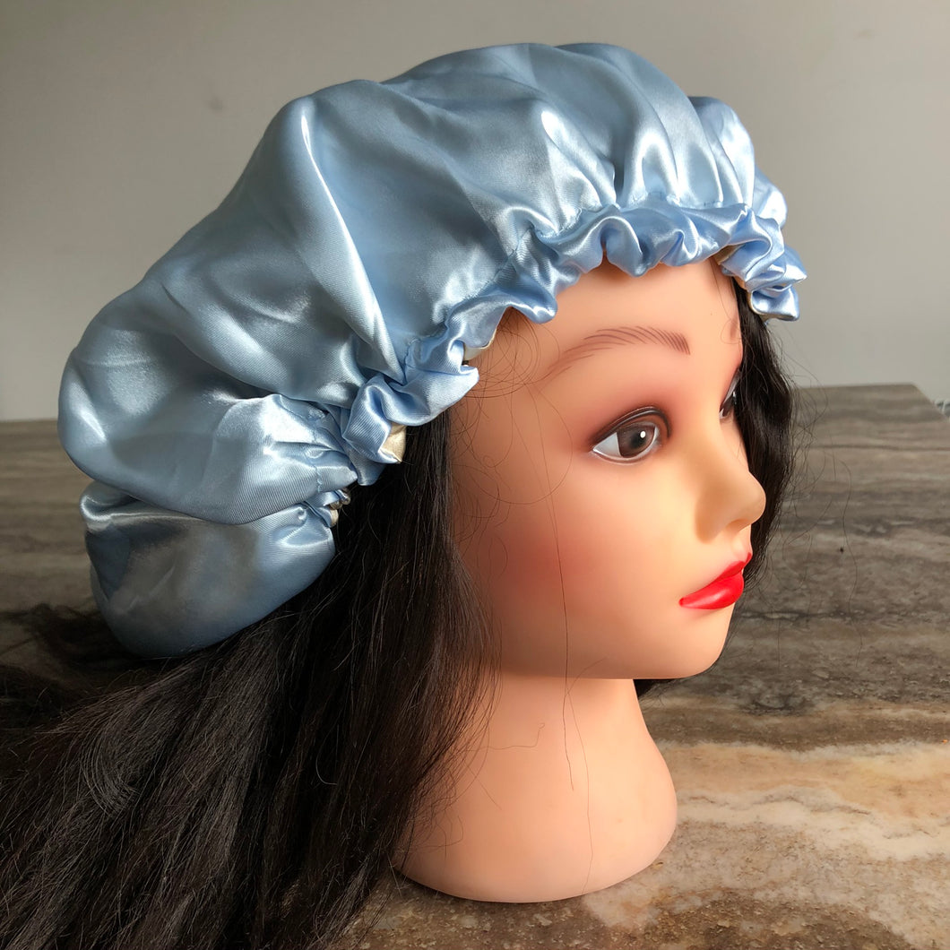 Baby Blue/ Beige Reversible Silky Bonnet